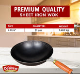 DesDine Pre-Seasoned Sheet Iron Wok with Wooden Handle (31 cm)